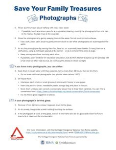 A piece of paper with instructions for how to salvage water-damaged photographs.